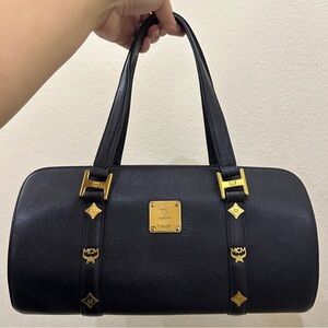 MCM Black Leather Studded Papillon Barrel Style Bag